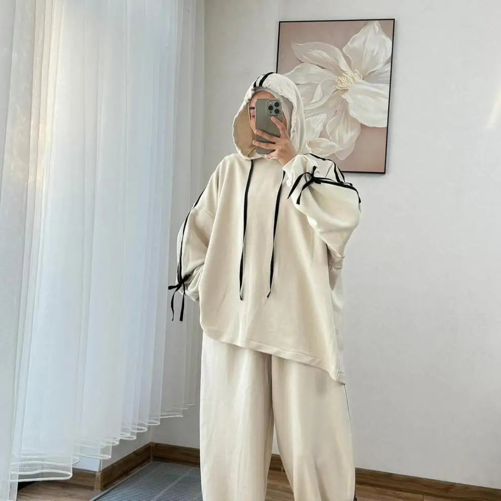 Muslim Suit Women Hoodie Top Wide Leg Pants 2 Piece Set Trousers Hooded sweatshirt Ensemble Sporty Stripe Outfits Tracksuit