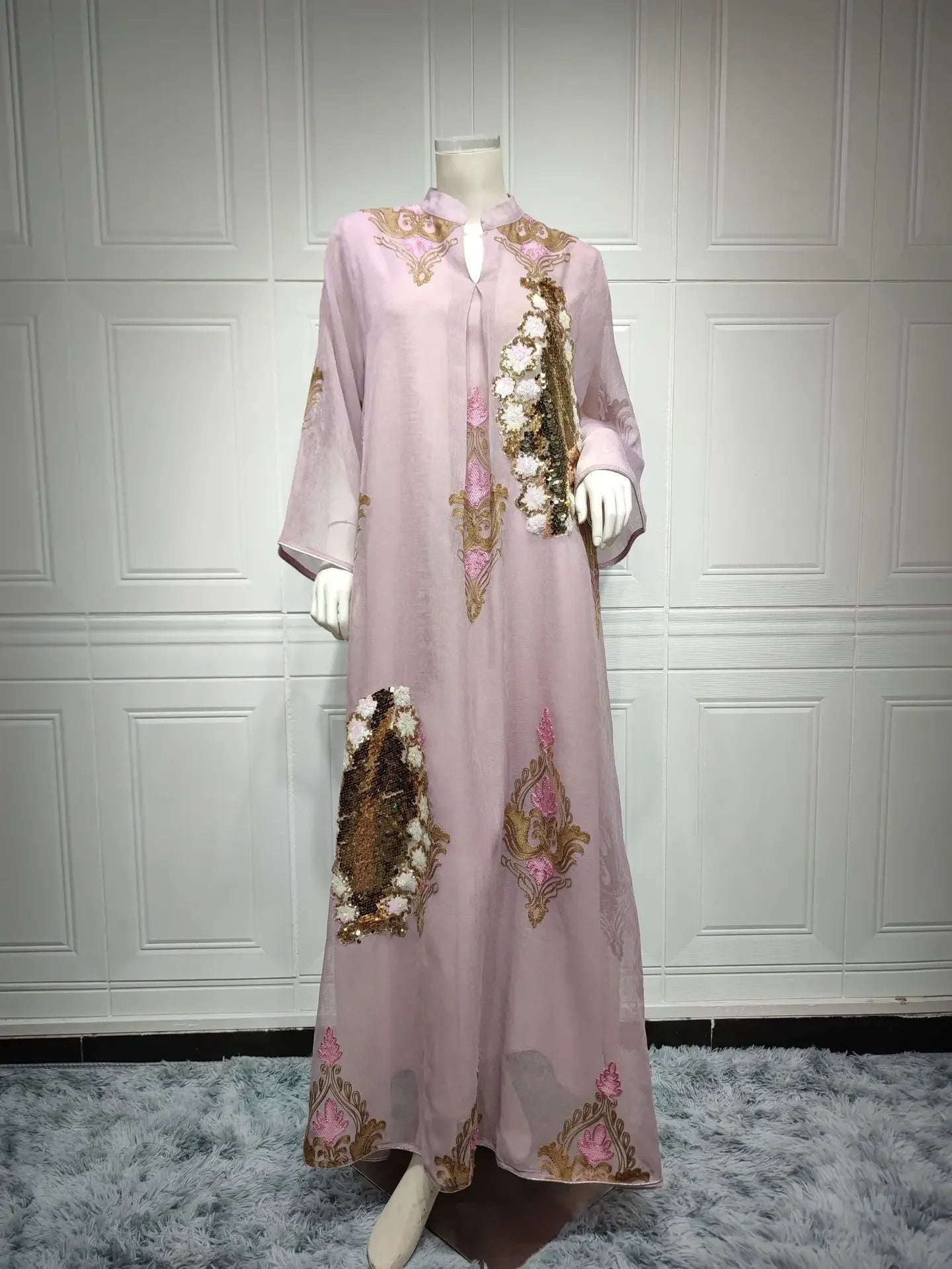Kaftan Muslim Abaya Clothes for Muslim Women Summer Fashion Muslim Women Long Sleeve V-neck Sequin Long Maxi Dress Dubai Abaya