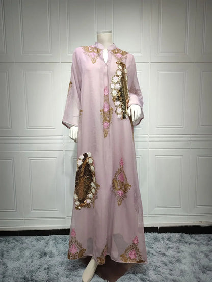 Kaftan Muslim Abaya Clothes for Muslim Women Summer Fashion Muslim Women Long Sleeve V-neck Sequin Long Maxi Dress Dubai Abaya