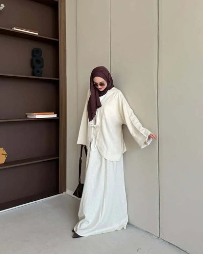 Muslim Two Piece Set Women Lace-up Shirt Skirt Suits Ramadan Morocco Dubai Long Skirts Islam Outfits Jalabiya Musulman Ensemble