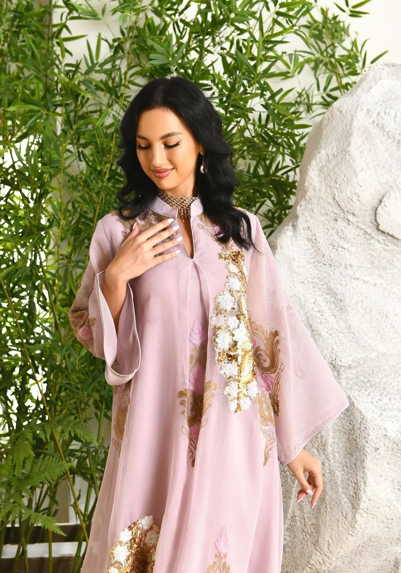 Kaftan Muslim Abaya Clothes for Muslim Women Summer Fashion Muslim Women Long Sleeve V-neck Sequin Long Maxi Dress Dubai Abaya