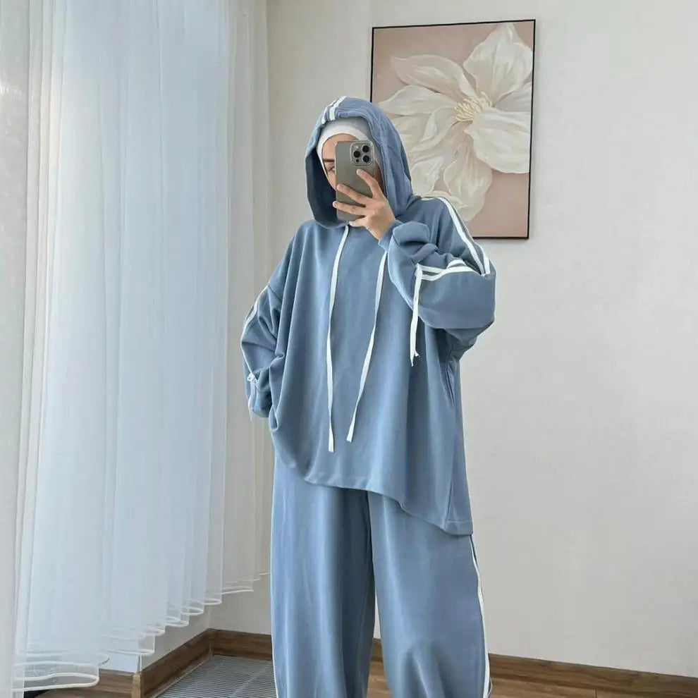 Muslim Suit Women Hoodie Top Wide Leg Pants 2 Piece Set Trousers Hooded sweatshirt Ensemble Sporty Stripe Outfits Tracksuit