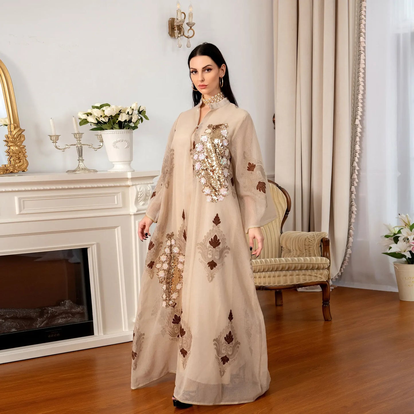 Kaftan Muslim Abaya Clothes for Muslim Women Summer Fashion Muslim Women Long Sleeve V-neck Sequin Long Maxi Dress Dubai Abaya