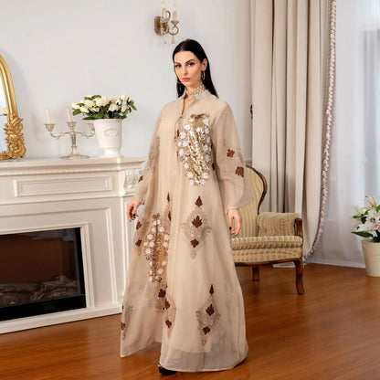 Kaftan Muslim Abaya Clothes for Muslim Women Summer Fashion Muslim Women Long Sleeve V-neck Sequin Long Maxi Dress Dubai Abaya