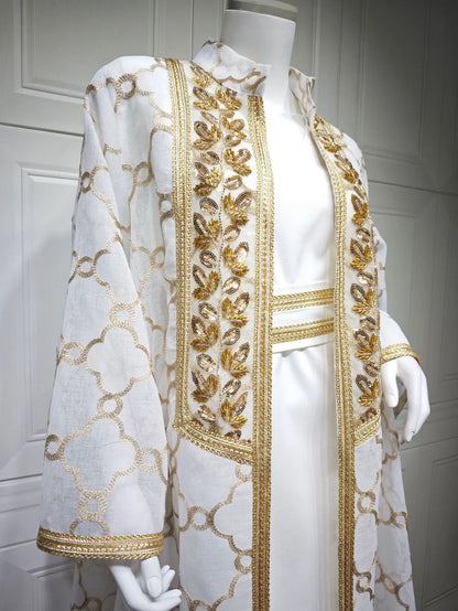 Muslim Dresses 2 Piece Sets for Women Moroccan Kaftan Embroidery Jalabiya Ramadan Dubai Open Abayas Islam Vestidos Cardigan Robe
