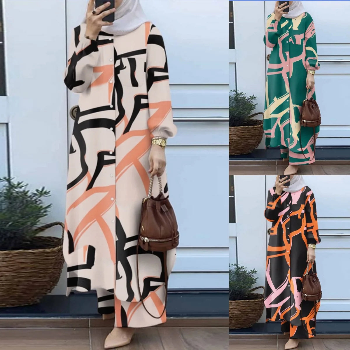 Women Muslim Matching Sets Retro Floral Print Long-style Shirt & Wide Leg Pants Sets Fashion Muslim Female Suit Dubai Tracksuits