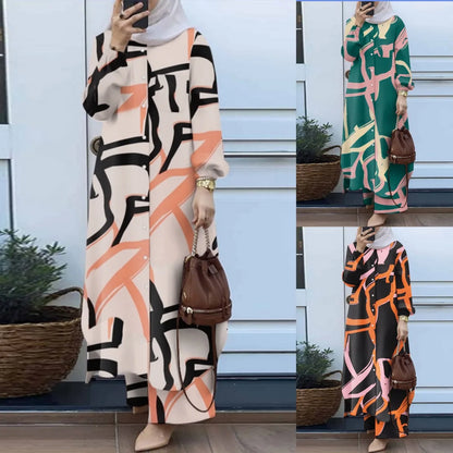 Women Muslim Matching Sets Retro Floral Print Long-style Shirt & Wide Leg Pants Sets Fashion Muslim Female Suit Dubai Tracksuits