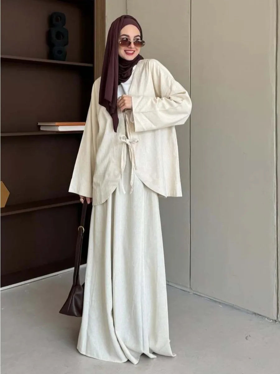 Muslim Two Piece Set Women Lace-up Shirt Skirt Suits Ramadan Morocco Dubai Long Skirts Islam Outfits Jalabiya Musulman Ensemble