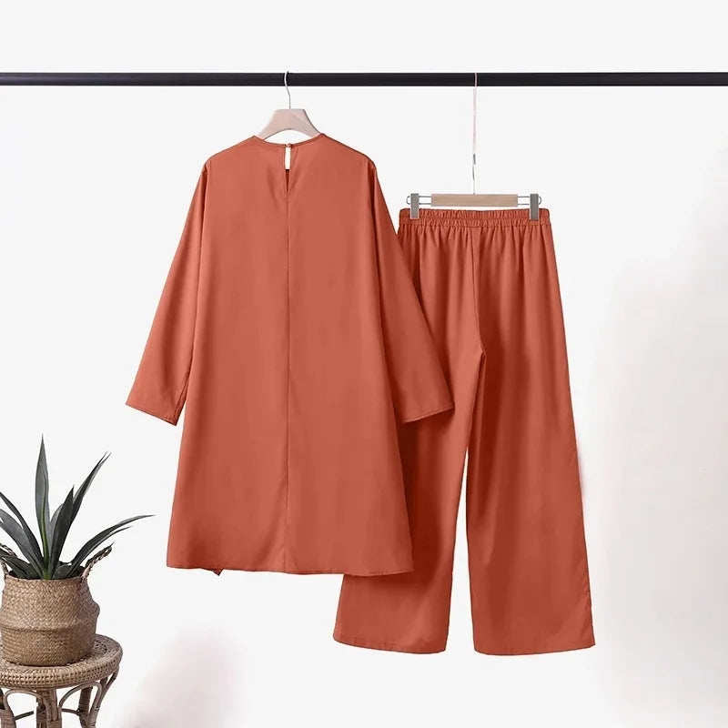 Muslim Two-Piece Set for Women, Long Sleeved Shirt, O-Neck Shirt, Wide Leg Pants, Casual, Luxury, Spring and Autumn