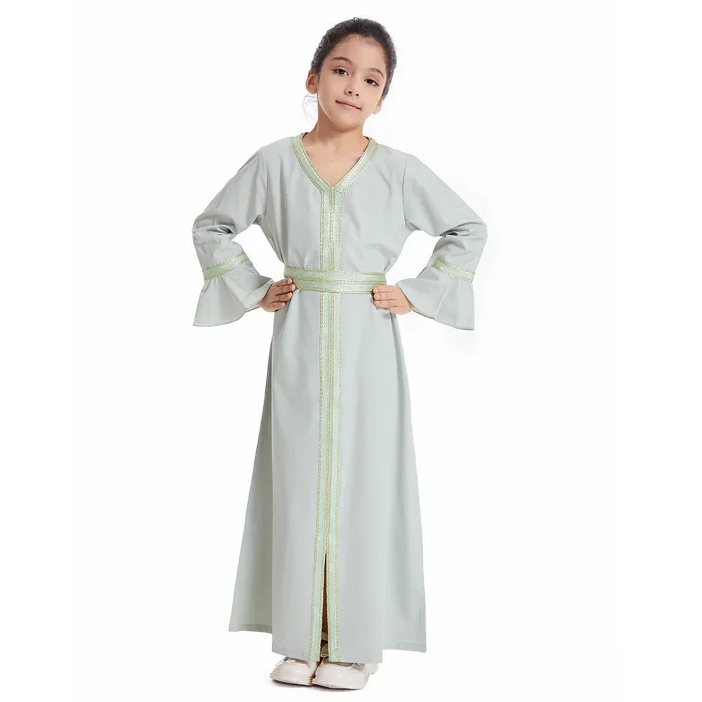 Muslim Kids Girls Maxi Dress Ramadan Eid Djellaba Dubai Abaya Turkey Kaftan Islamic Clothing Arabic Robe Children Prayer Gown