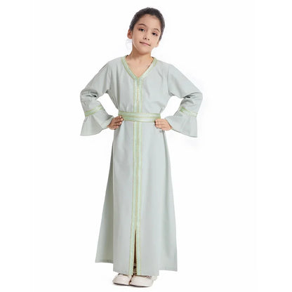 Muslim Kids Girls Maxi Dress Ramadan Eid Djellaba Dubai Abaya Turkey Kaftan Islamic Clothing Arabic Robe Children Prayer Gown