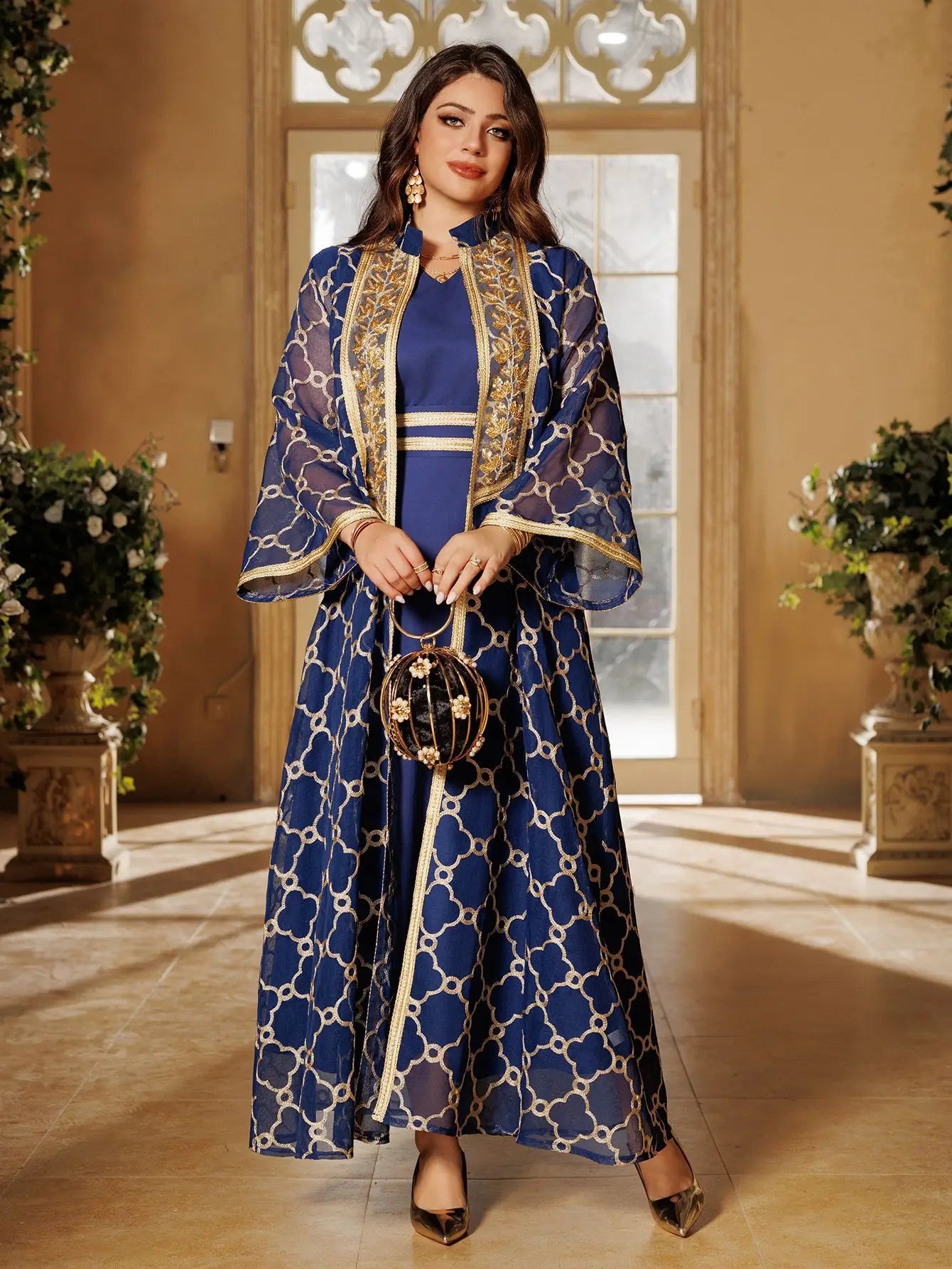 Muslim Dresses 2 Piece Sets for Women Moroccan Kaftan Embroidery Jalabiya Ramadan Dubai Open Abayas Islam Vestidos Cardigan Robe