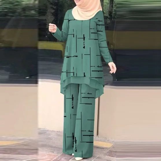 Muslim Women 2 Piece Set Blouse Wide Leg Pants Suit Print Top Trousers Ensemble Ramadan Morocco Dubai Islam Eid Outfits 2026