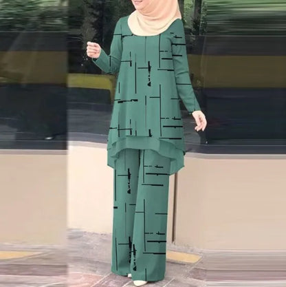 Muslim Women 2 Piece Set Blouse Wide Leg Pants Suit Print Top Trousers Ensemble Ramadan Morocco Dubai Islam Eid Outfits 2026
