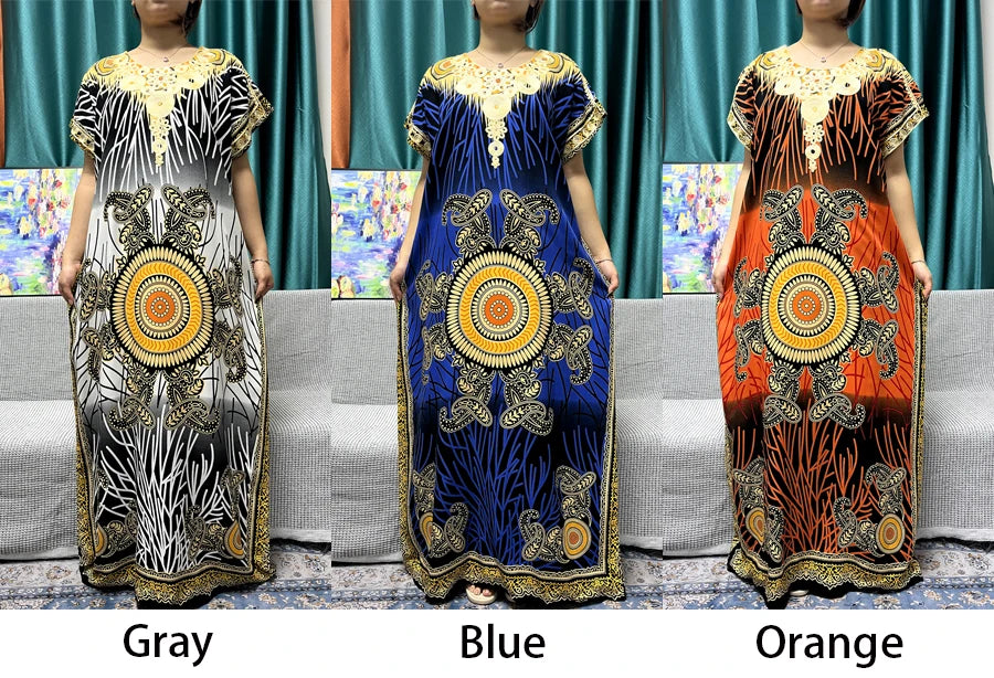 Abayas For Women 2024 New Print Appliques Cotton Traditional Kanga Clothing Loose Femme Robe African Ngeria Dresses With Turban