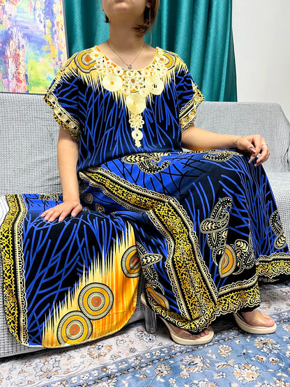 Abayas For Women 2024 New Print Appliques Cotton Traditional Kanga Clothing Loose Femme Robe African Ngeria Dresses With Turban