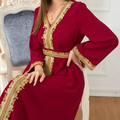 Muslim Women's Clothing, Solid Color Patchwork Basic Style, Loose Embroidery, Long Skirt, Dress, Long-Sleeved Dress