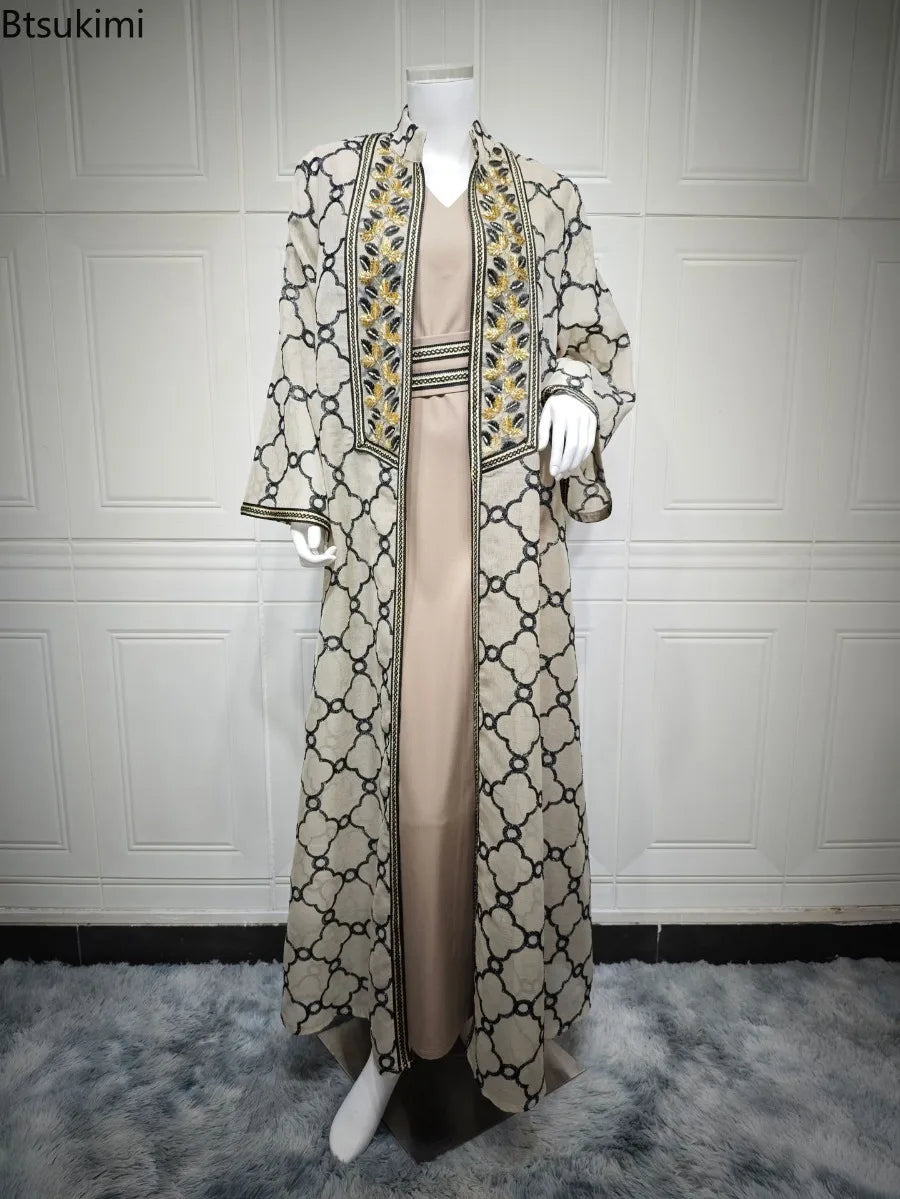 Muslim Dresses 2 Piece Sets for Women Moroccan Kaftan Embroidery Jalabiya Ramadan Dubai Open Abayas Islam Vestidos Cardigan Robe