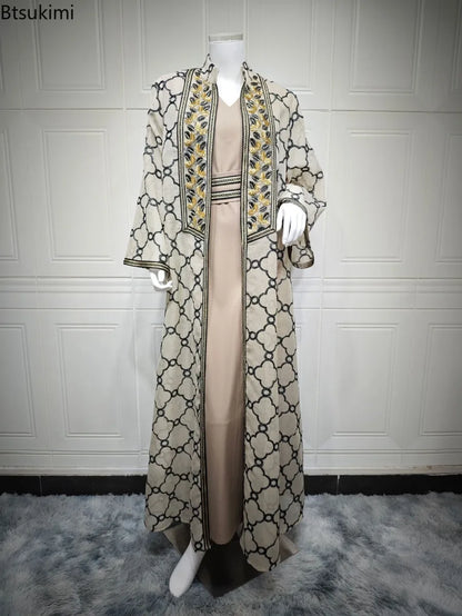 Muslim Dresses 2 Piece Sets for Women Moroccan Kaftan Embroidery Jalabiya Ramadan Dubai Open Abayas Islam Vestidos Cardigan Robe