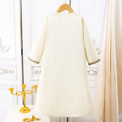 Muslim Boys Robe Kids Arabic Islamic Abaya Kaftan Prayer Clothing Long Sleeve Embroidered Zipper Gown Top Ramadan Eid Thobe