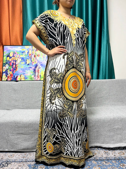 Abayas For Women 2024 New Print Appliques Cotton Traditional Kanga Clothing Loose Femme Robe African Ngeria Dresses With Turban