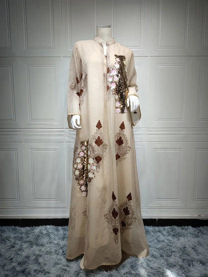 Kaftan Muslim Abaya Clothes for Muslim Women Summer Fashion Muslim Women Long Sleeve V-neck Sequin Long Maxi Dress Dubai Abaya