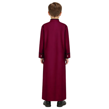 Kids Boys Muslim Thobe Arabic Middle East Loose Kaftan Long Sleeve Stand Collar Pocket Maxi Robe Casual Muslim Child Clothes