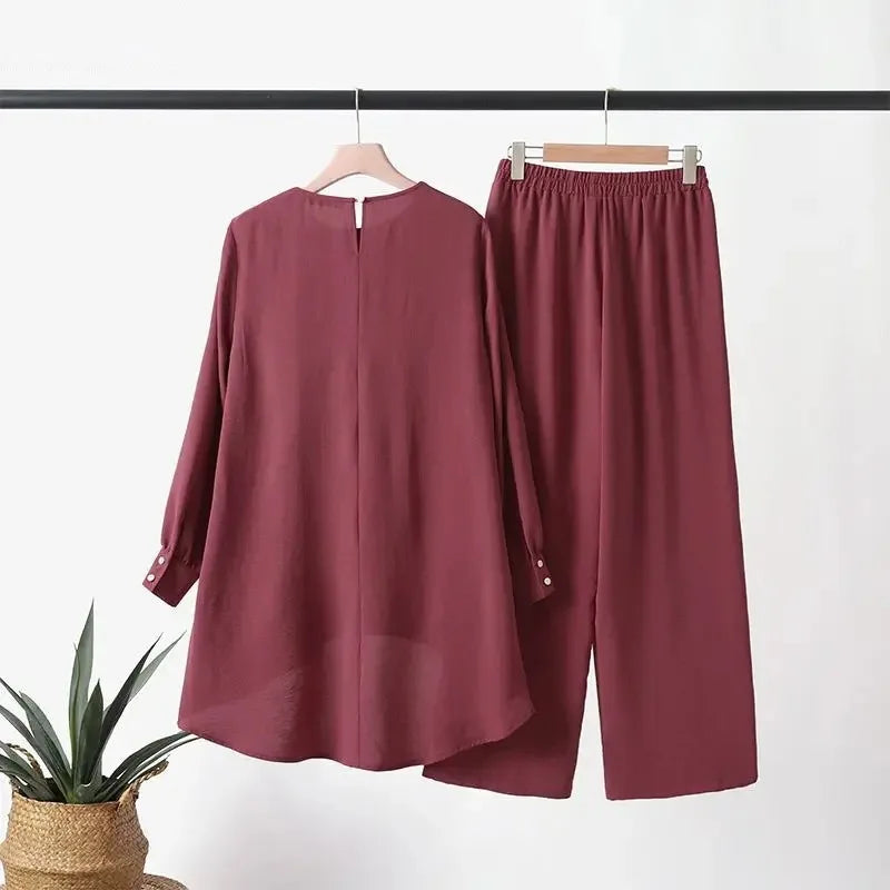 Women Muslim 2 Piece Set Blouse Double Top Wide Leg Pants Suit Morocco Ramadan Casual Ensemble Dubai Arab Trousers Outfits