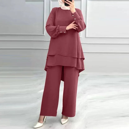 Women Muslim 2 Piece Set Blouse Double Top Wide Leg Pants Suit Morocco Ramadan Casual Ensemble Dubai Arab Trousers Outfits