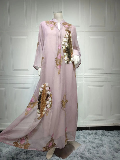 Kaftan Muslim Abaya Clothes for Muslim Women Summer Fashion Muslim Women Long Sleeve V-neck Sequin Long Maxi Dress Dubai Abaya