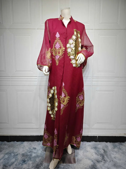 Kaftan Muslim Abaya Clothes for Muslim Women Summer Fashion Muslim Women Long Sleeve V-neck Sequin Long Maxi Dress Dubai Abaya