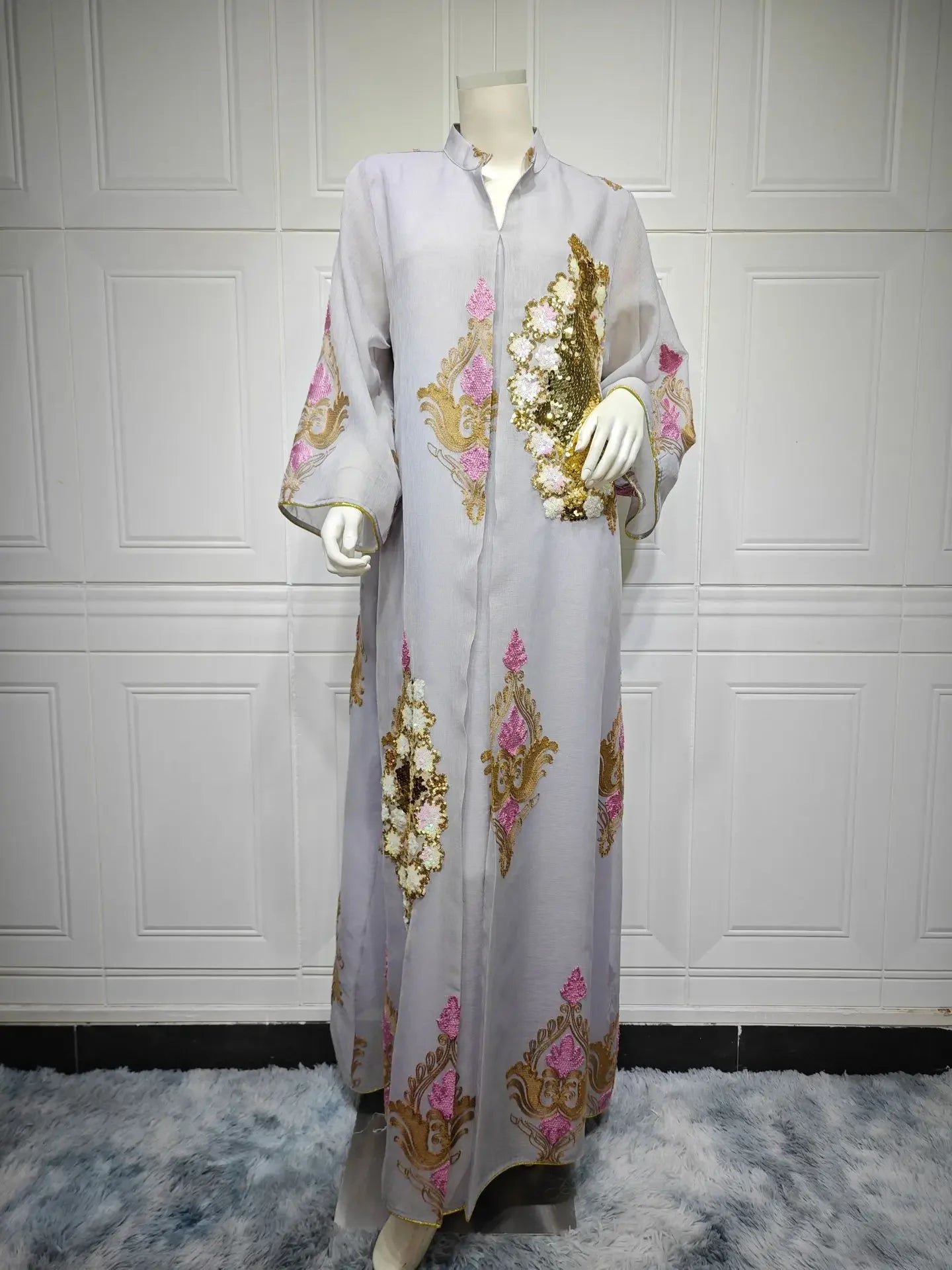 Kaftan Muslim Abaya Clothes for Muslim Women Summer Fashion Muslim Women Long Sleeve V-neck Sequin Long Maxi Dress Dubai Abaya