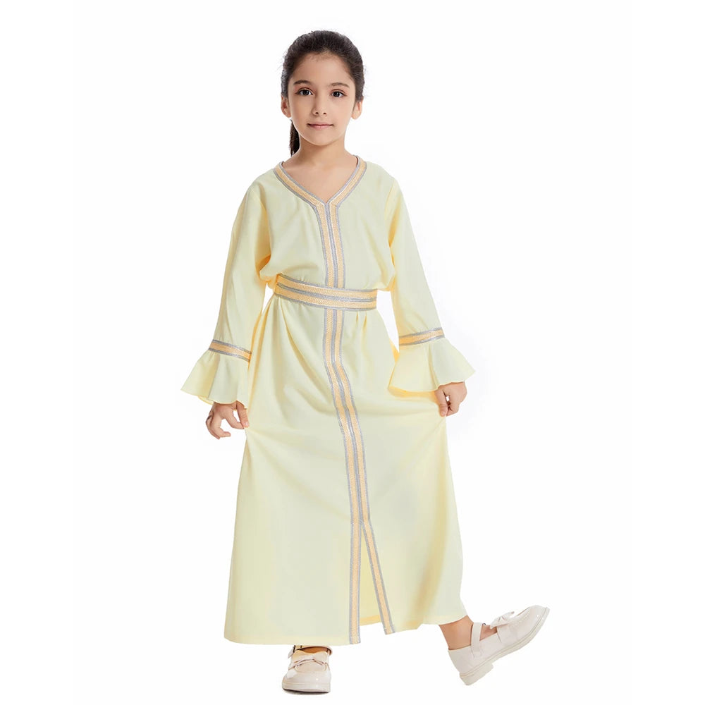 Muslim Kids Girls Maxi Dress Ramadan Eid Djellaba Dubai Abaya Turkey Kaftan Islamic Clothing Arabic Robe Children Prayer Gown
