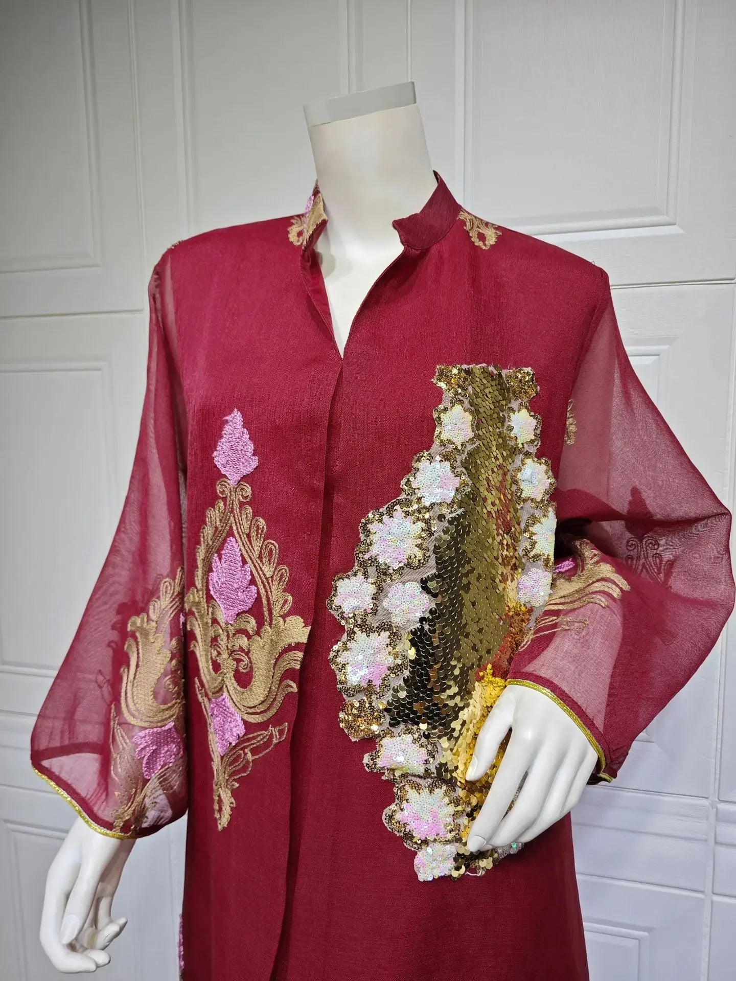 Kaftan Muslim Abaya Clothes for Muslim Women Summer Fashion Muslim Women Long Sleeve V-neck Sequin Long Maxi Dress Dubai Abaya