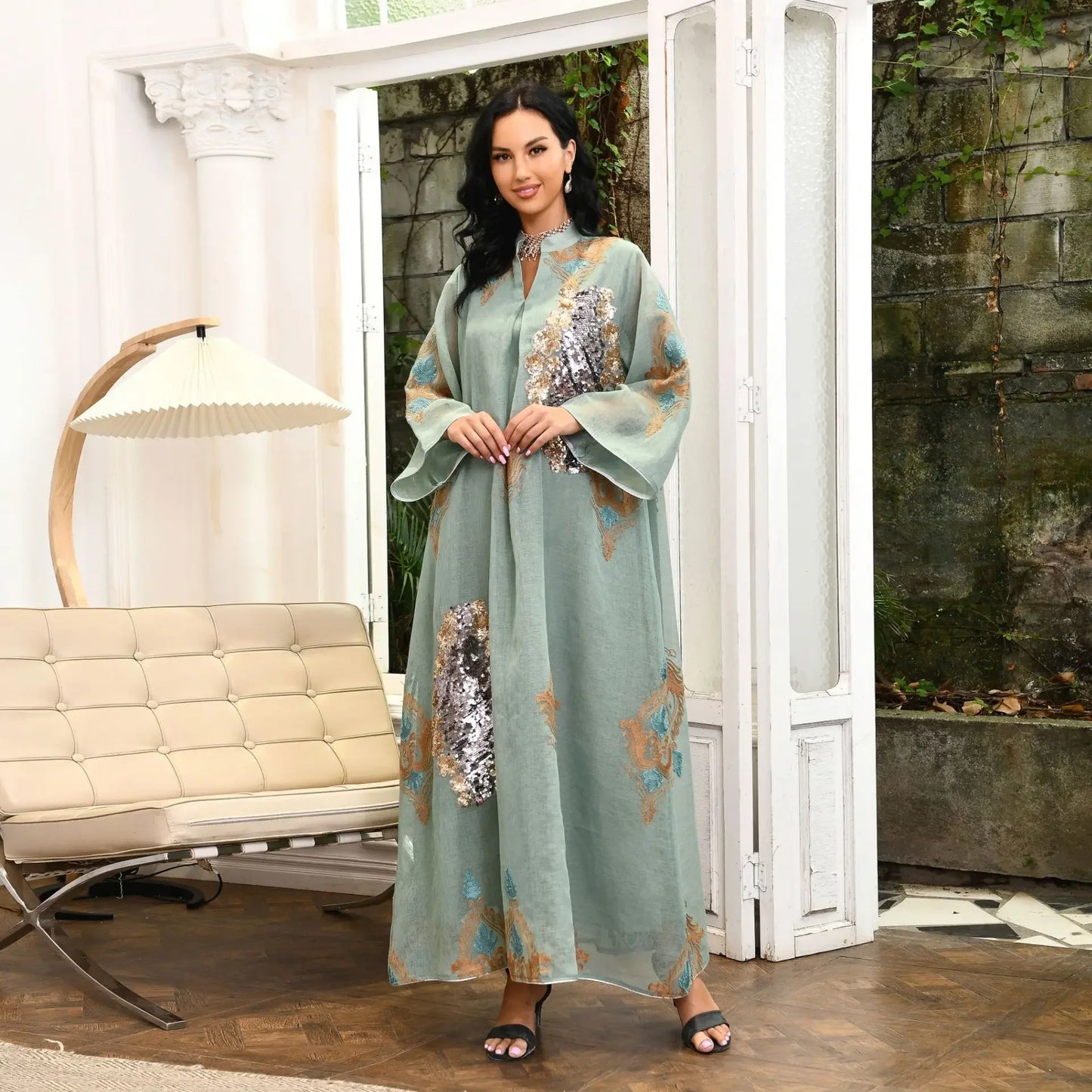 Kaftan Muslim Abaya Clothes for Muslim Women Summer Fashion Muslim Women Long Sleeve V-neck Sequin Long Maxi Dress Dubai Abaya