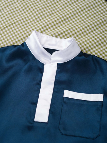 Muslim Baby Boys Robe Ramadan Eid Abaya Stand Collar Short Sleeve Satin Dress Gown with Pocket Arabic Islamic Dubai Kaftan Thobe