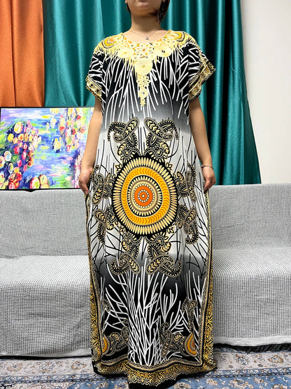 Abayas For Women 2024 New Print Appliques Cotton Traditional Kanga Clothing Loose Femme Robe African Ngeria Dresses With Turban