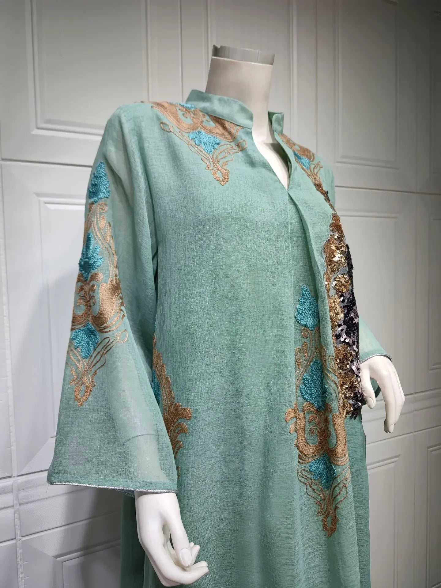 Kaftan Muslim Abaya Clothes for Muslim Women Summer Fashion Muslim Women Long Sleeve V-neck Sequin Long Maxi Dress Dubai Abaya