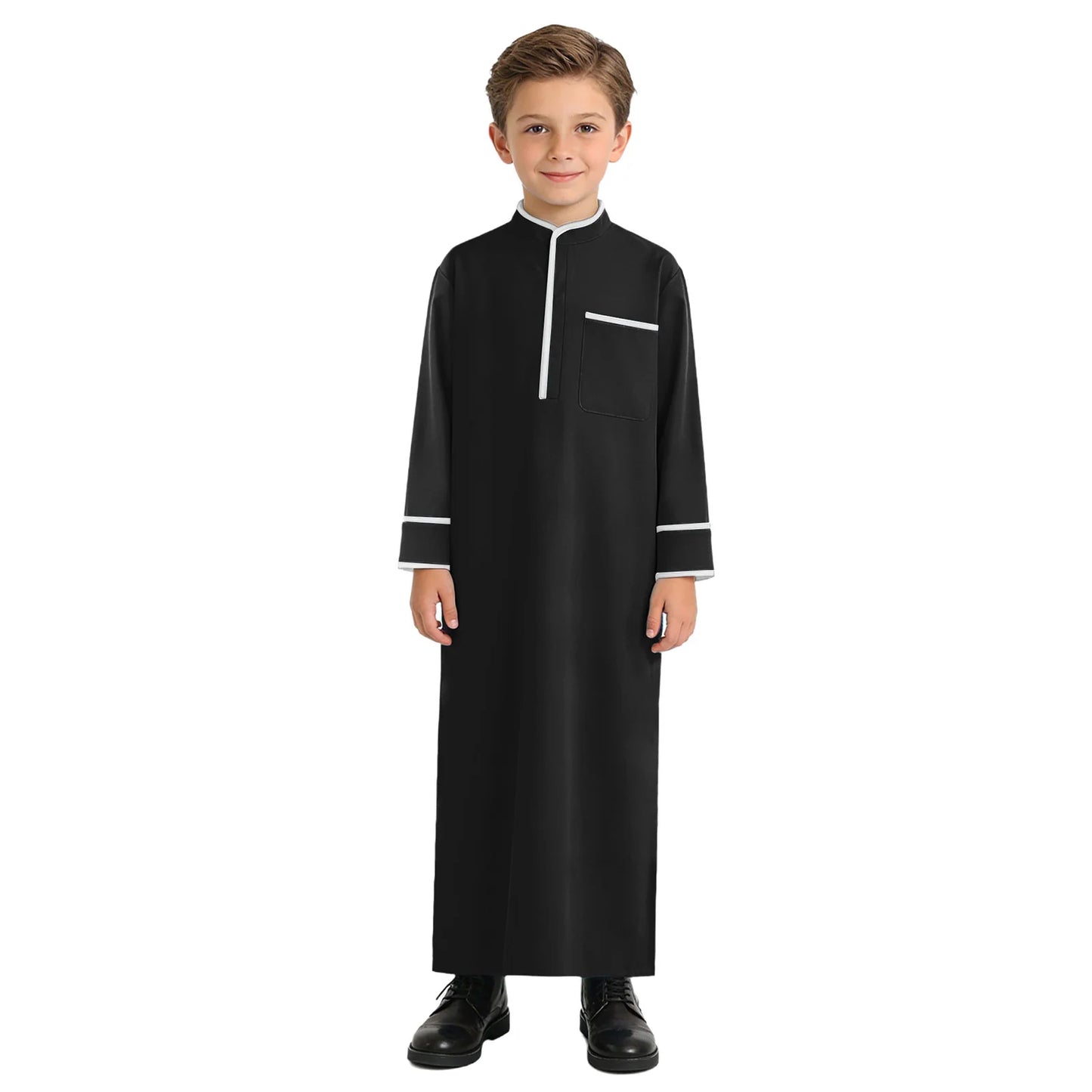 Kids Boys Muslim Thobe Arabic Middle East Loose Kaftan Long Sleeve Stand Collar Pocket Maxi Robe Casual Muslim Child Clothes