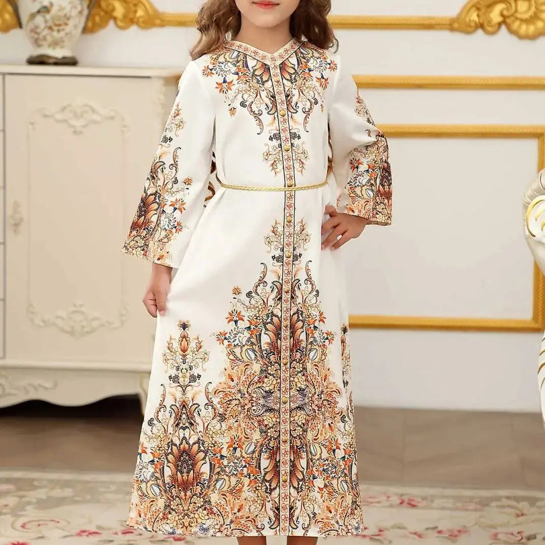 Muslim Kids Girls Festive Embroidery White Dress For Children Communion Ramadan Skirt Eid Prayer Garment Abaya Robe Kaftan Gown