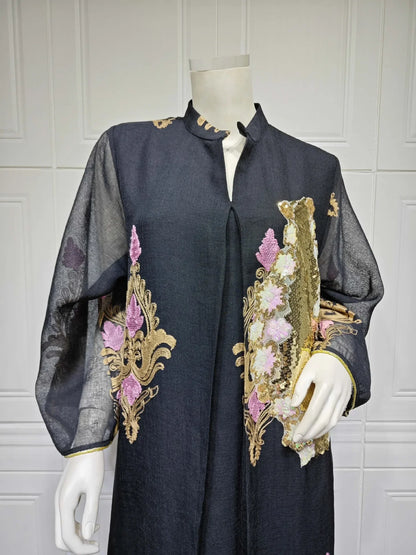 Kaftan Muslim Abaya Clothes for Muslim Women Summer Fashion Muslim Women Long Sleeve V-neck Sequin Long Maxi Dress Dubai Abaya