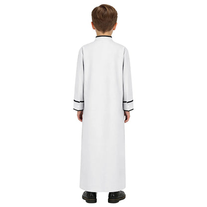 Kids Boys Muslim Thobe Arabic Middle East Loose Kaftan Long Sleeve Stand Collar Pocket Maxi Robe Casual Muslim Child Clothes