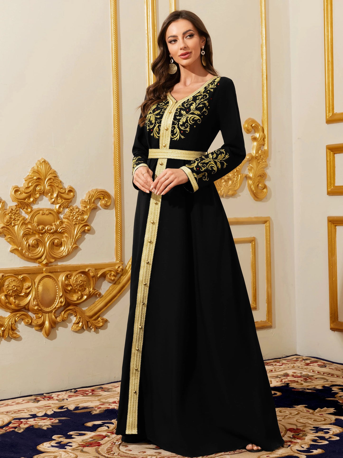 Elegant Muslim Dress with Gold Embroidered Evening Gown, Traditional Islamic Attire