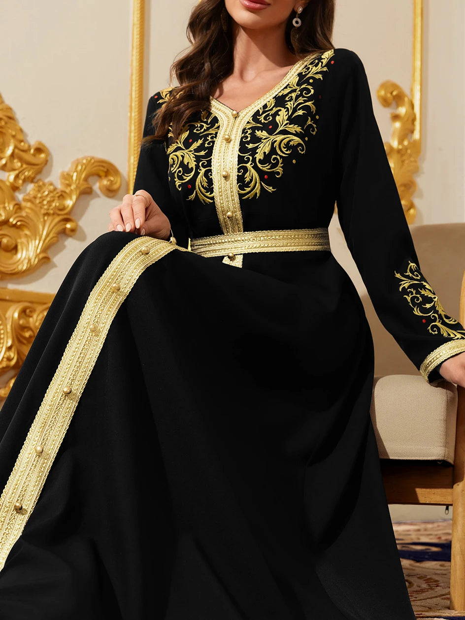 Elegant Muslim Dress with Gold Embroidered Evening Gown, Traditional Islamic Attire