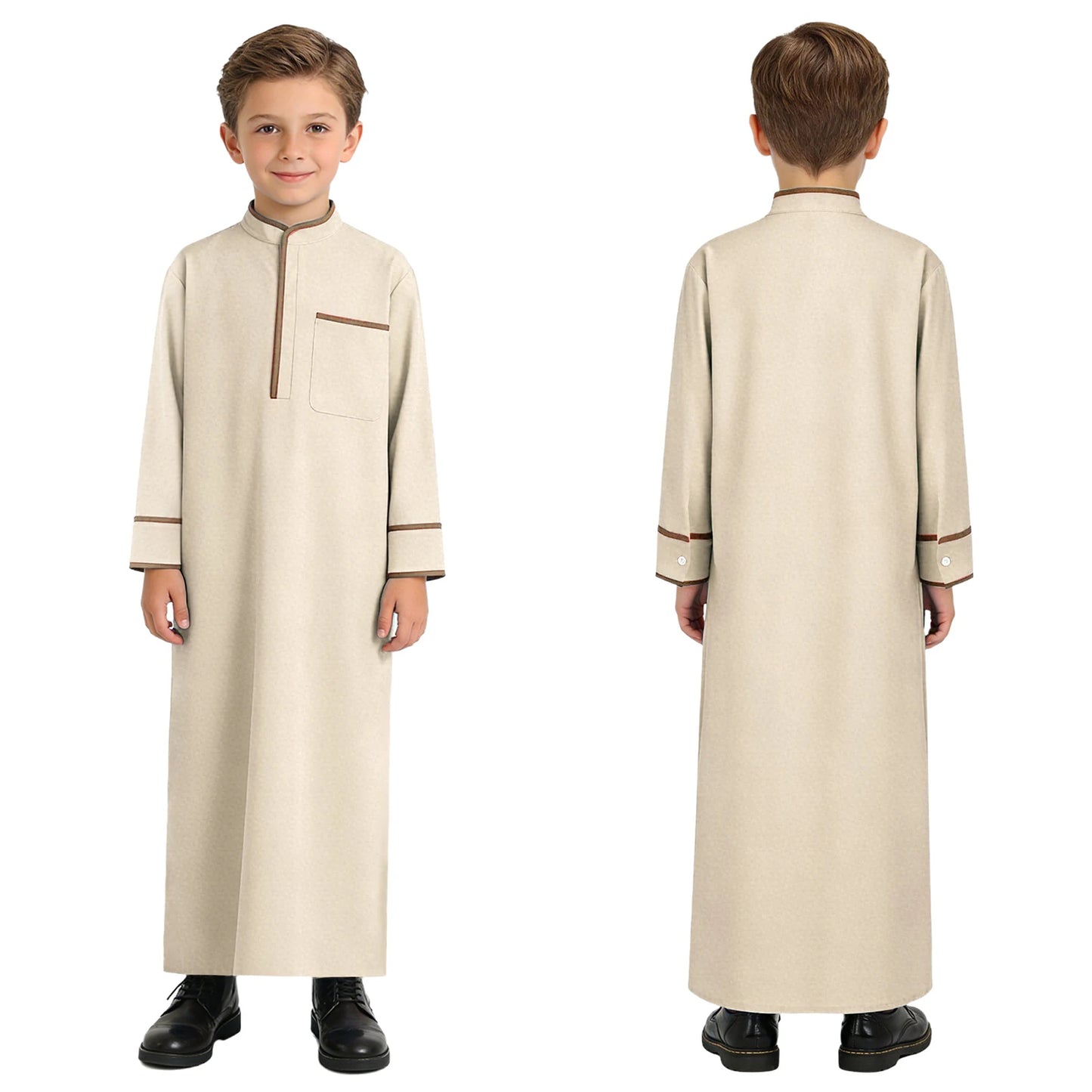 Kids Boys Muslim Thobe Arabic Middle East Loose Kaftan Long Sleeve Stand Collar Pocket Maxi Robe Casual Muslim Child Clothes
