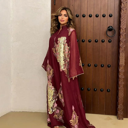 Kaftan Muslim Abaya Clothes for Muslim Women Summer Fashion Muslim Women Long Sleeve V-neck Sequin Long Maxi Dress Dubai Abaya