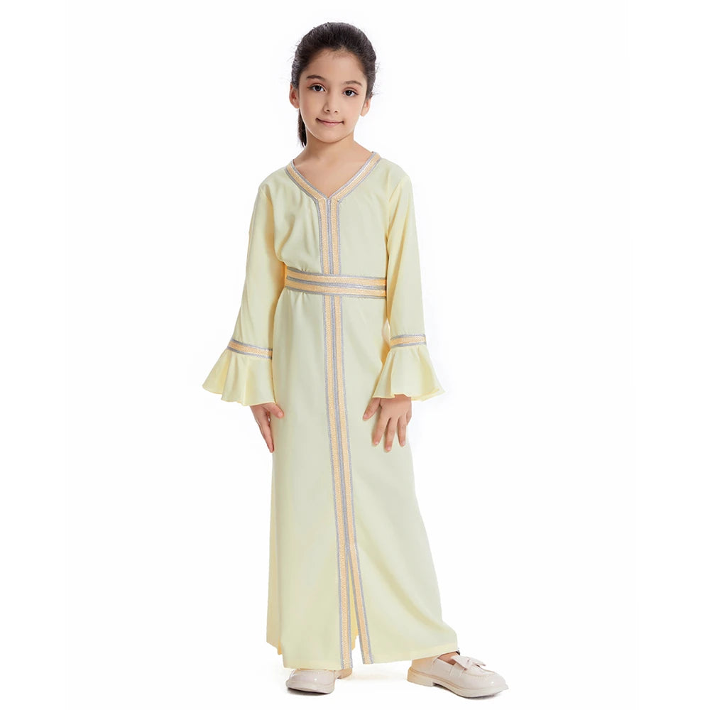 Muslim Kids Girls Maxi Dress Ramadan Eid Djellaba Dubai Abaya Turkey Kaftan Islamic Clothing Arabic Robe Children Prayer Gown