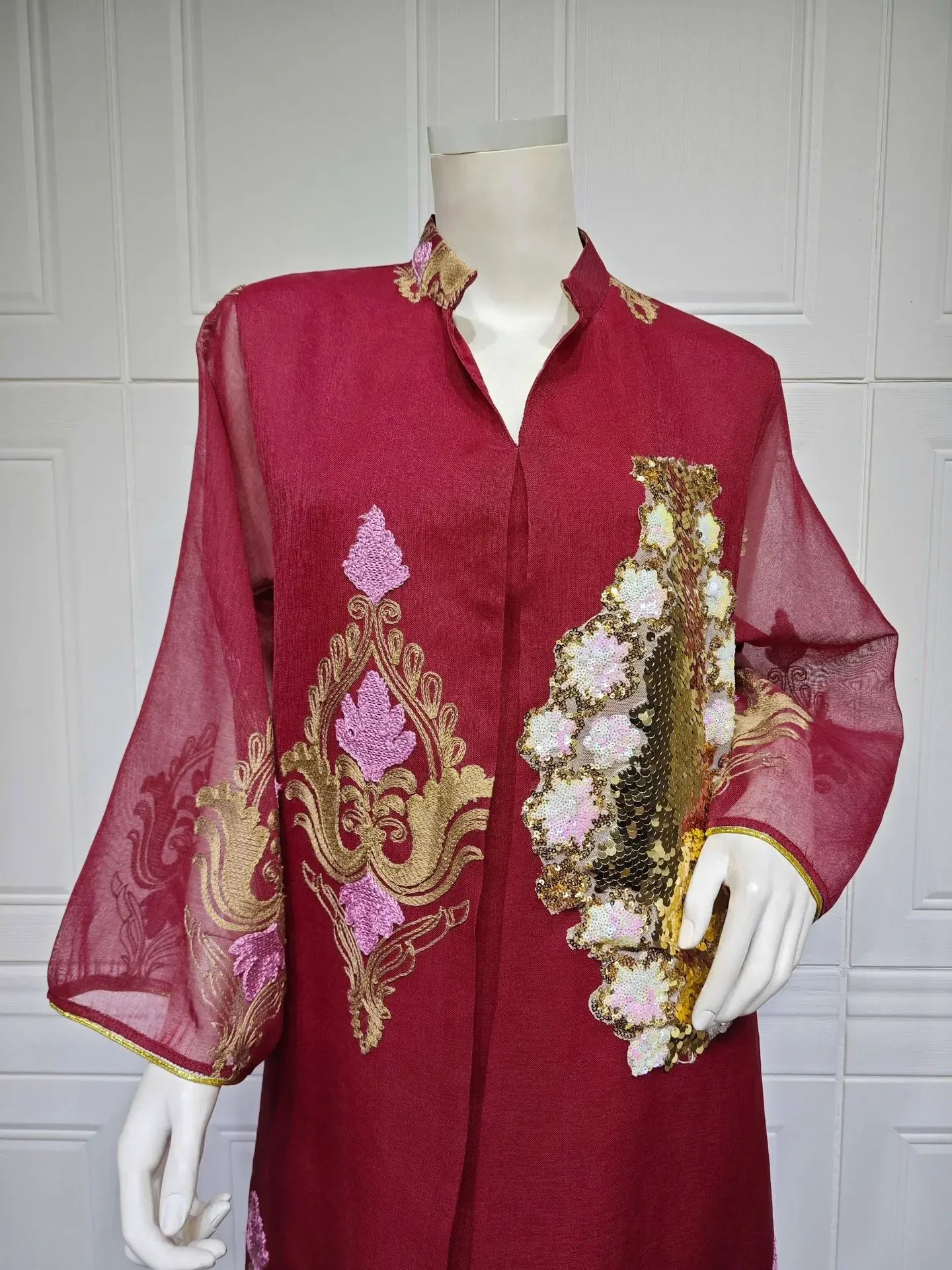 Kaftan Muslim Abaya Clothes for Muslim Women Summer Fashion Muslim Women Long Sleeve V-neck Sequin Long Maxi Dress Dubai Abaya