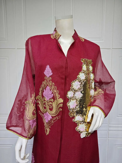 Kaftan Muslim Abaya Clothes for Muslim Women Summer Fashion Muslim Women Long Sleeve V-neck Sequin Long Maxi Dress Dubai Abaya