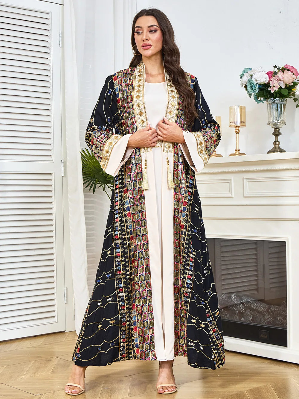 Muslim Two Piece Sets Women Clothing Prom Dresses Fashion Colorful Embroidery Abaya Turkish Kaftan Robe Women Prayer Dress Sets